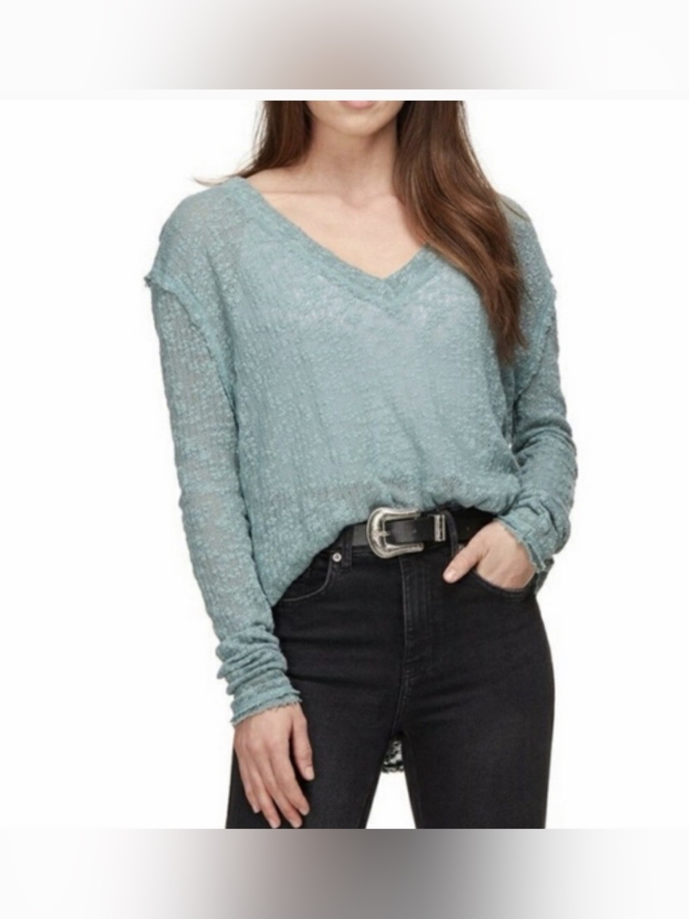 We The Free Free People Soft V-Neck Boho Knit Sweater - Teal Green Small